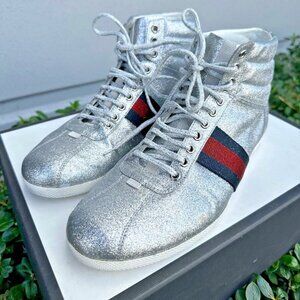 Gucci Sneakers Glitter Web Leather Silver Metallic High Top RARE Gucci 9, US 9.5